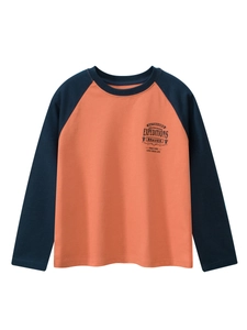 Boys long sleeve raglan t-shirt in orange and navy blue with outdoor expedition print