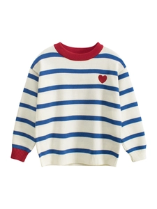 Jersey de punto a rayas para niñas con bordado de corazón y cuello redondo rojo