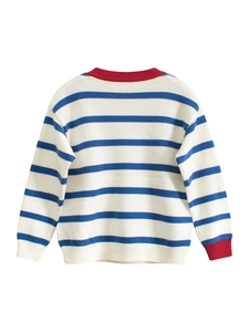 Jersey de punto a rayas para niños en azul y blanco con bordes acanalados en rojo