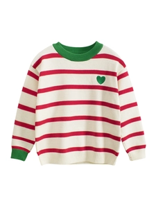 Jersey de punto para niña a rayas rojas y blancas con bordado de corazón verde