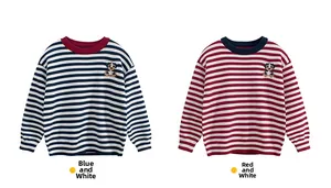 Detail of striped knit sweaters for kids with puppy embroidery in red and blue