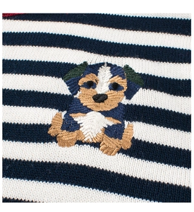 Detailed close-up of blue and white striped knit fabric with cute puppy embroidery
