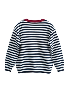 Classic black and white striped children's knit sweater with wine red ribbed trim details