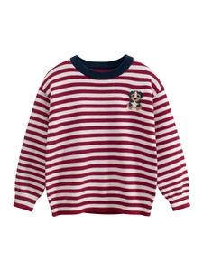 Red and white striped kids knit sweater with navy trim and cute dog embroidery