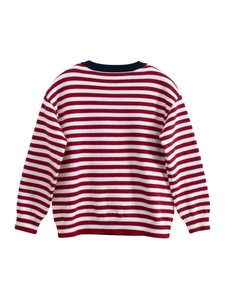 Red and white striped kids knit sweater with navy blue crew neck collar