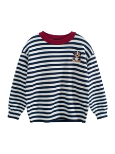 Classic blue and white striped children's knit sweater with red crew neck and dog embroidery