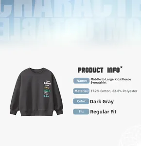 Detail view of dark grey fleece sweatshirt showing 37.2% cotton fabric and letter prints