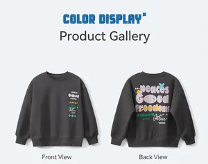 Detailed front and back view of charcoal grey sweatshirt with colorful art prints