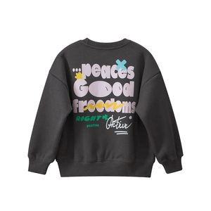 Detailed back view of dark grey crewneck sweatshirt with colorful street art typography