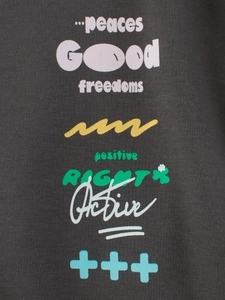 Kids dark grey crewneck sweatshirt featuring colorful letter prints and knit texture