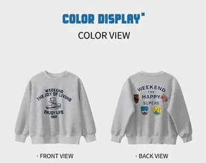 Front and back view of kids' grey sweatshirt featuring cartoon embroidery and weekend print