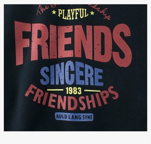 Close-up of vintage American style graphic print with 1983 text on dark fleece hoodie