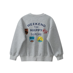 Detail of grey cotton sweatshirt featuring embroidered patches and weekend typography