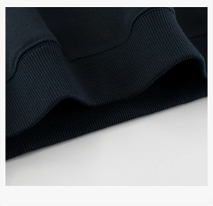 Close-up of navy blue fleece sweatshirt with detailed ribbed cuffs and neat stitching
