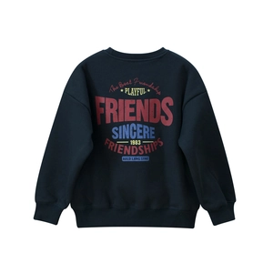 Detail of navy blue fleece sweatshirt with vintage FRIENDS letter print and ribbed cuffs