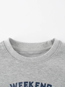 Gray cotton crewneck sweatshirt with blue WEEKEND lettering and ribbed neckline detail