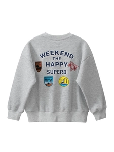 Grey kids sweatshirt with Weekend print and colorful badges on white background