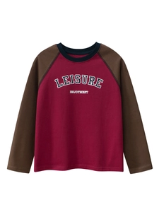 T-Shirt à Manches Longues Raglan pour Enfants 100% Coton Impression de Lettres Couleur Contrastée Col Rond Décontracté Garçons Filles Haut