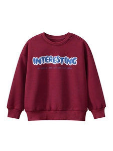 Kids burgundy crewneck sweatshirt featuring blue INTERESTING text print on white background