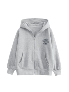 Kids Casual Cotton Blend Hooded Zip-up Jacket Grey Letter Print Long Sleeve Hoodie For Boys Girls Sports Outerwear