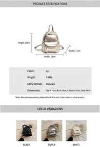Tableau détaillé des tailles et matières du mini sac à dos en similicuir en trois couleurs