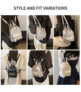 Détails de mini-sacs à dos polyvalents en couleurs argent métallique, noir et beige