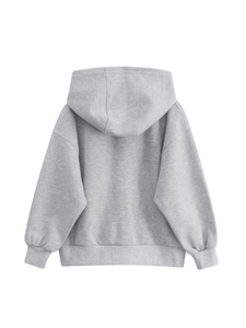 Back view of classic heather grey zip-up hoodie for kids with ribbed cuffs and large hood