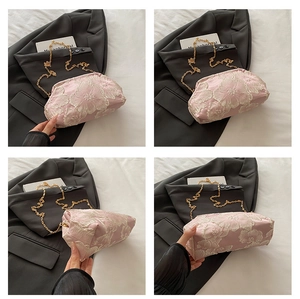 Detailed views of light pink chain bag featuring white 3D floral embroidery