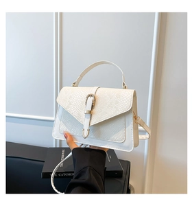 Detail of white snakeskin embossed leather handbag with gold metal clasp on stone background