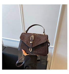 Detail of snake pattern texture and gold buckle on a brown vintage handbag