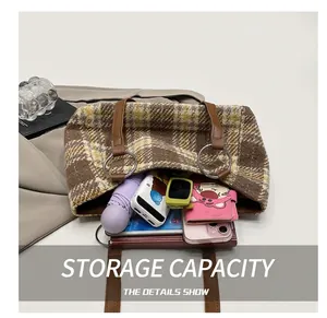 Internal view of plaid felt tote bag showing large capacity for everyday essentials