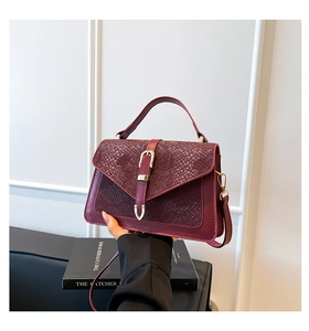 Close-up of burgundy handbag featuring snake pattern texture and gold horseshoe buckle