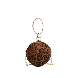 Spherical leopard print evening clutch bag with gold ring handle and chain strap