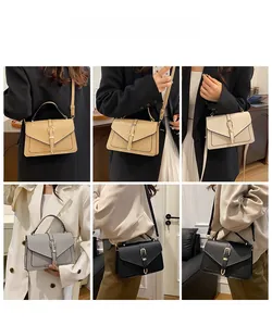 Multiple colors of minimalist lychee texture handbags shown on model in various outfits
