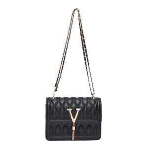 Sac bandoulière matelassé noir avec logo V doré et pampille métallique élégante