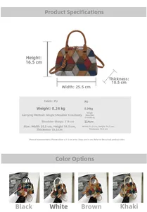 Tableau des tailles pour sac à main avec dimensions 25,5x16,5x10,5cm et variantes de couleurs