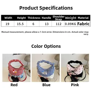 Detailed size chart and dimensions for the red and blue checkered crossbody fabric bag