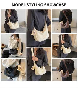 Multiple views of large crescent shoulder bag with plush charm in three neutral colors