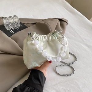 Beaded handle floral embroidery off-white satin pleated crossbody bag for women