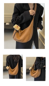 Detailed views of caramel brown large hobo bag with braided drawstring and plush charm