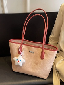 Retro beige and dark red tote bag with plush star charm for daily commute and fashion