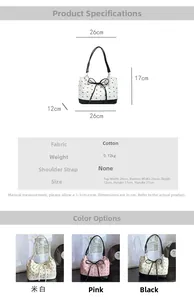 Detailed size specifications and material chart for the quilted polka dot tote bag