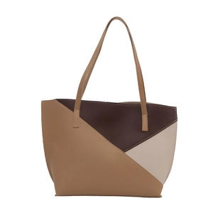 Minimalist geometric patchwork tote bag for women with stylish tricolor brown leather design