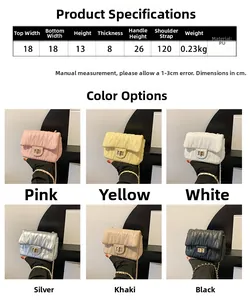 Detailed size specifications and six color variants of quilted PU leather crossbody bags