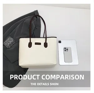 Size comparison of white leather tote bag with tablet and phone for capacity display