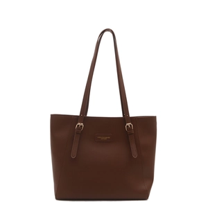 Minimalist large dark coffee tote bag with dual straps and golden hardware buckles