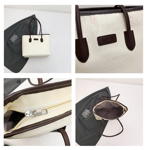 Detailed views of houndstooth tote showing embossed texture, zipper and large interior