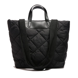 Large black quilted tote bag with diamond pattern and dual shoulder straps for commute