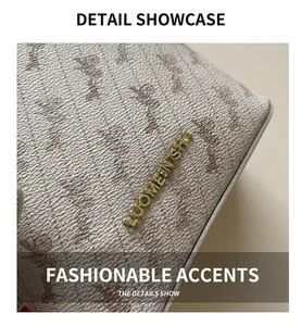 Macro detail of beige lychee grain leather with vintage pattern and gold logo plaque