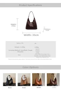Detaillierte Größentabelle und Farboptionen für die minimalistische Hobo-Tasche aus PU